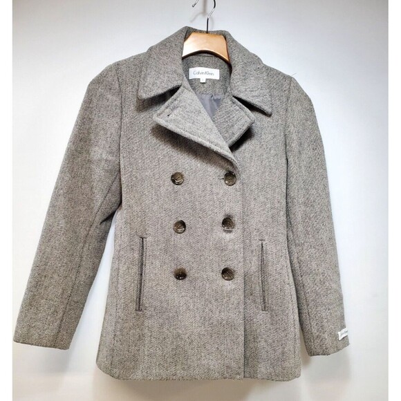 CALVIN KLEIN Wool Blend Heather Gray Long Sleeve Pea Coat‎ Jacket Lined SIZE 2 - Picture 1 of 7